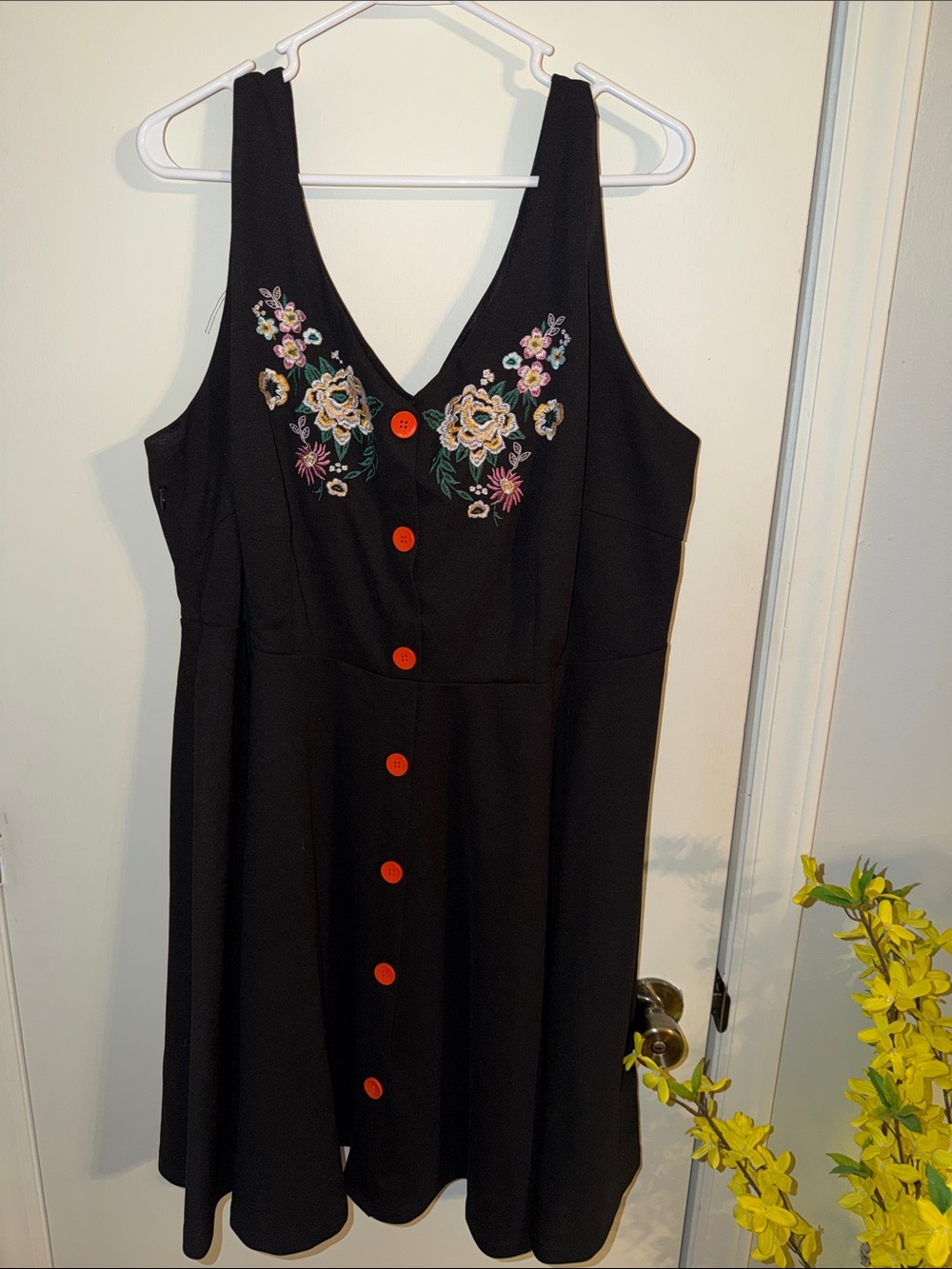 Black Floral Embroidered Button-Front Sundress